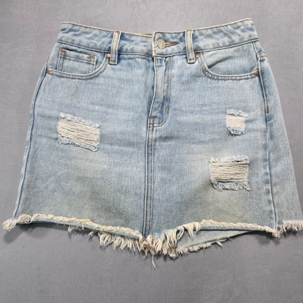 PacSun Light Wash Distressed Denim Mini Skirt Raw Hem Size 23 High Rise Blue